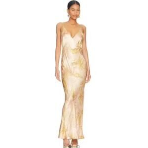 Bec + Bridge Dusty Palms Maxi Dress Size US 4 Small Tan Gold Cowl Slip NEW